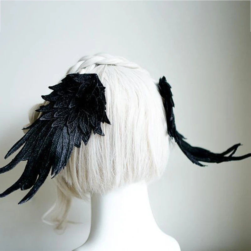 652F Lolita Angel Wing Hair Clips Barrette Angel Wing Hairpin Gothic Black White Hair Accessories for Girls Women Party