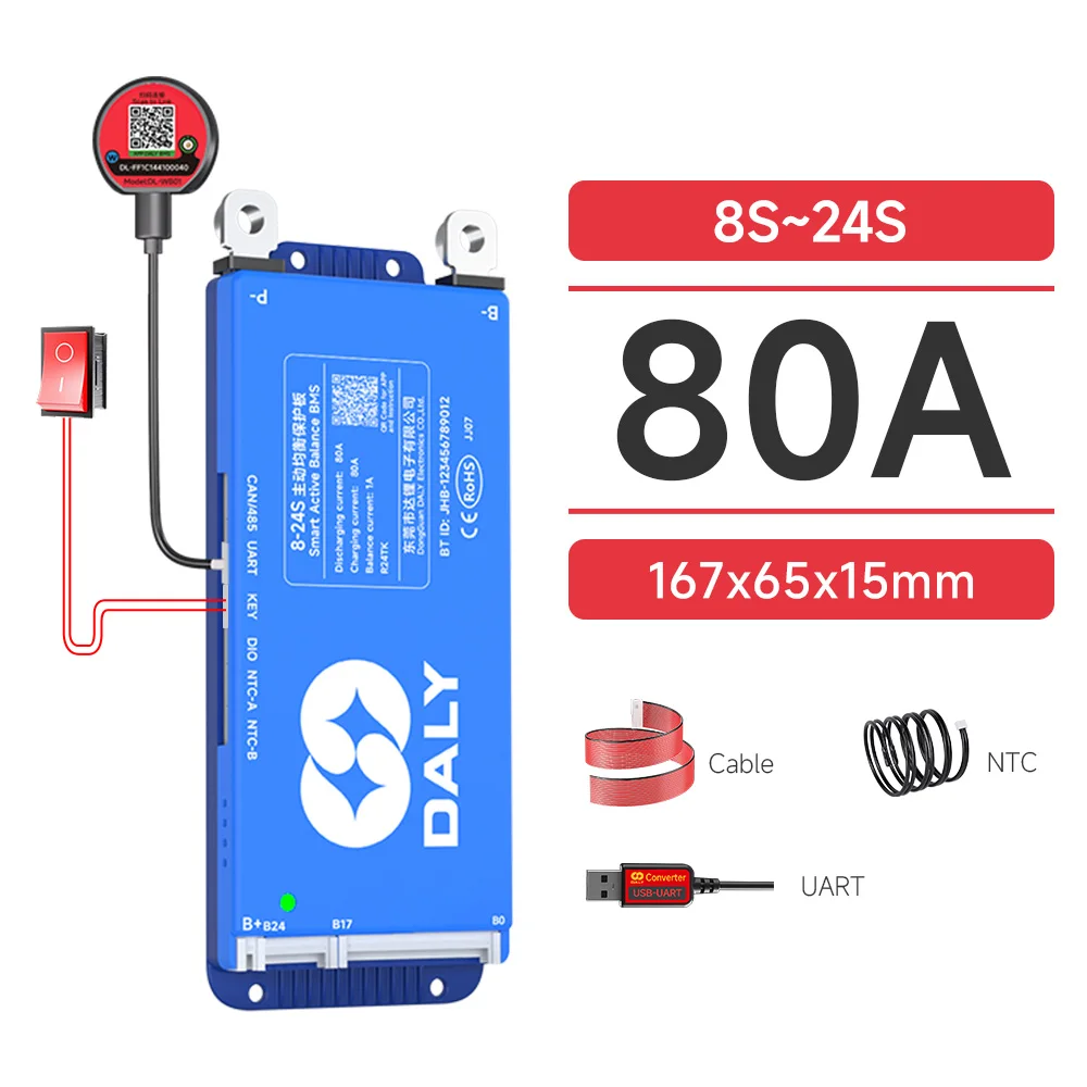 Daly Smart Active BMS 4S LiFePO4 8S 24V 16S 100A 150A 40A 60A 200A 12V 48V LiFePO4 1A Actieve Balancer met UART RS485 wifi-sleutel