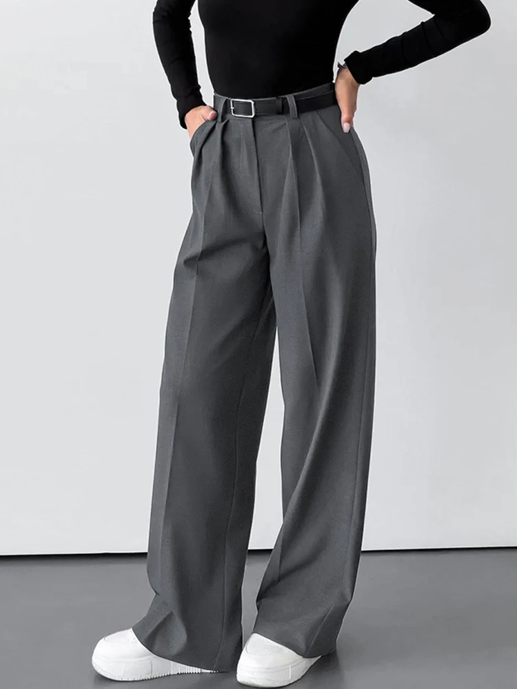 Elegant Office Pants Women High Wasit Straight Wide Leg Long Pants 2024 Autumn Winter Korean Style Loose Grey Suit Trousers