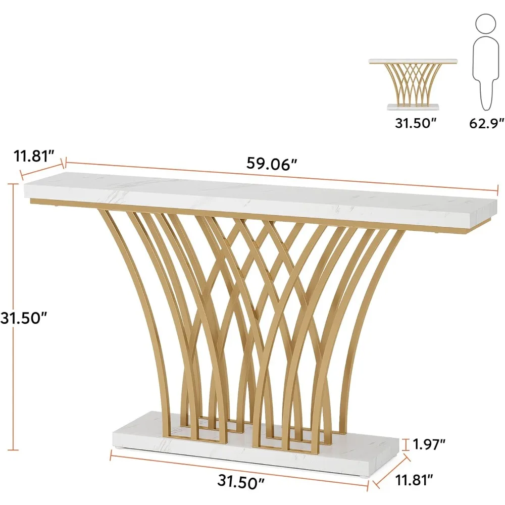 59 inch Gold Console Table, Modern Entryway Table with Grid-Shaped Metal Base for Entrance, Hallway, Entryway, Living Room