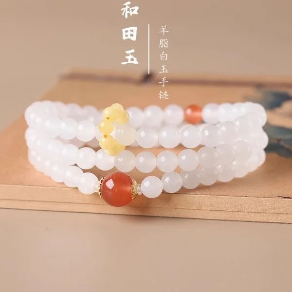 

Natural Hetian Jade Triple Wrap Bracelet White Jade Beaded Multi Loop Bracelet Necklace Minimalist Style Gifts
