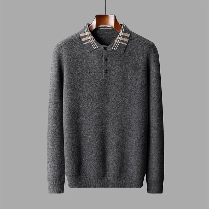 polo collar Thickened Autumn and winter new 100% Merino wool cashmere sweater Men's polo collar pullover warm bottom knit shirt