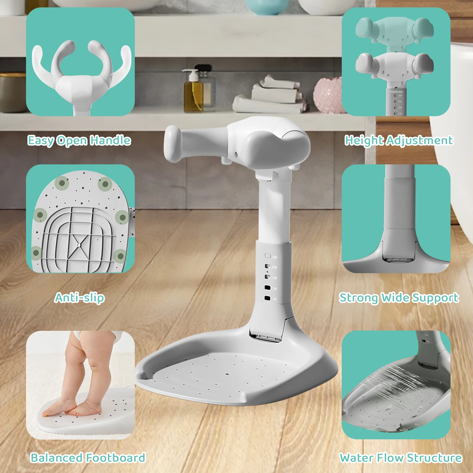 Support de bain pour bébé, Support sur pied pour réception-cadeau pour bébé avec hauteur réglable et accoudoir, aide au bain Portable avec Base antidérapante