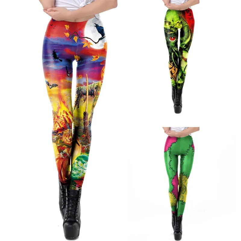 Women Halloween Witch Skull Pumpkin Print Leggings High Waist Stretchy Slim Pants Cosplay Party Costume Tights