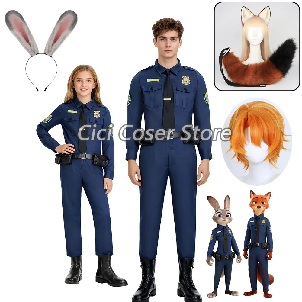 Disfraz de película Zoo Judy Nick, uniforme de policía, cola de orejas de zorro, diadema de conejo, traje de fiesta de Halloween para hombres y mujeres, mono para adultos