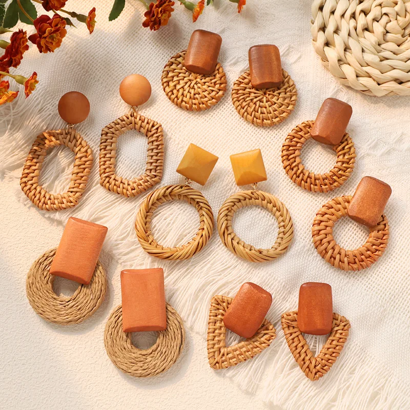 

1pair Fashion Bamboo Wooden Straw Weave Rattan Knit Vine Geometric Round Triangle Long Earrings Bohemian for Women Party Jewelry
