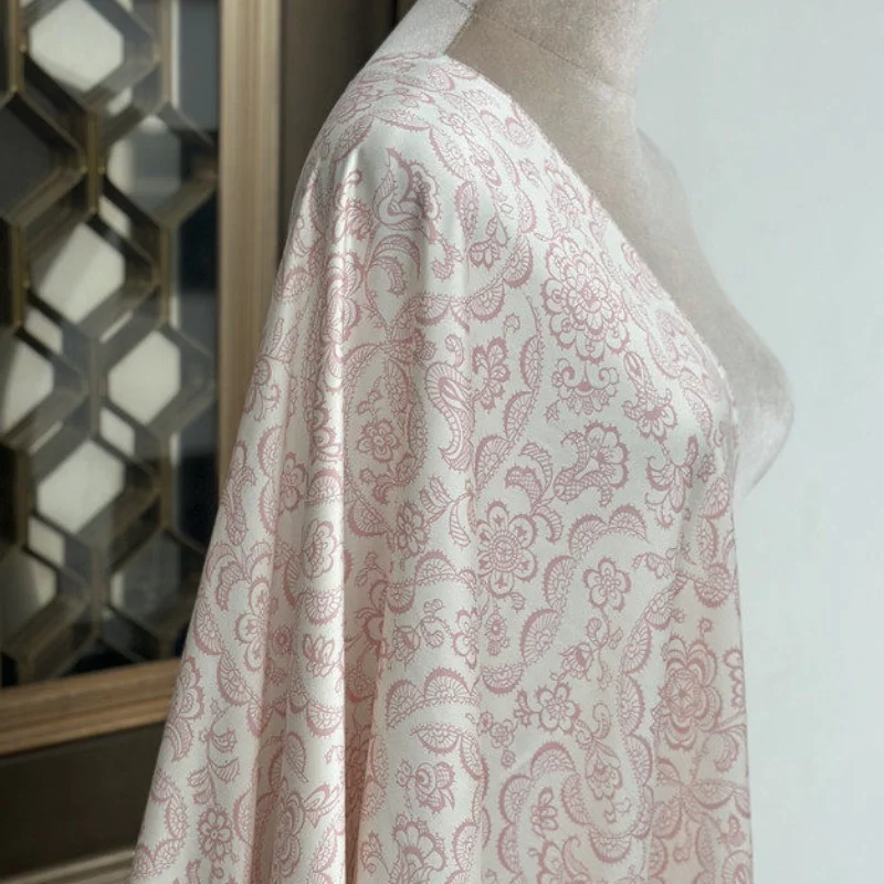 

1 meter 100% Mulberry Silk 20 momme Heavy Silk Fabric Light Pink Floral Print 138cm 54" wide by the yard JN726