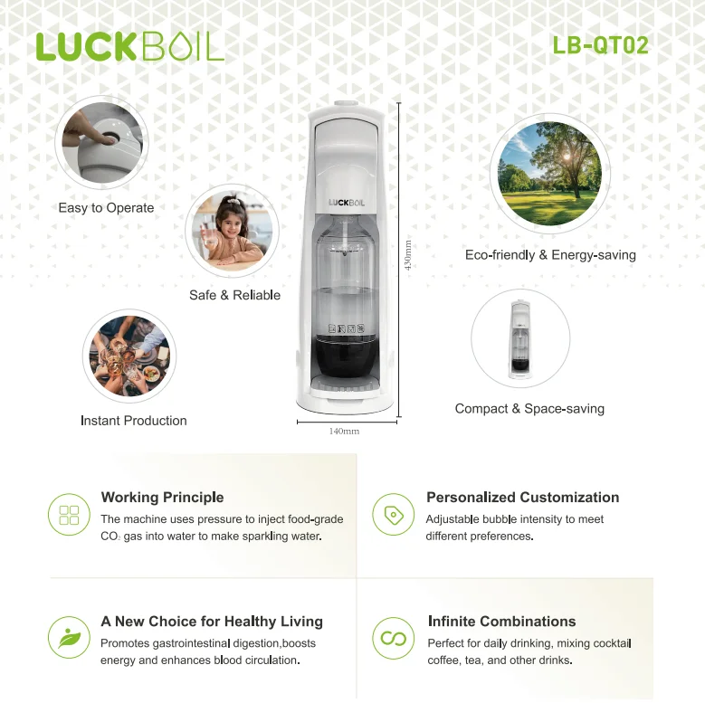Luckboil ไฟฟ้าน้ําเย็น-ประกาย Maker ธรรมชาติสดเพื่อสุขภาพน้ําโซดาพลาสติกเดสก์ท็อปสําหรับครัวเรือนกลางแจ้งโรงแรมใช้