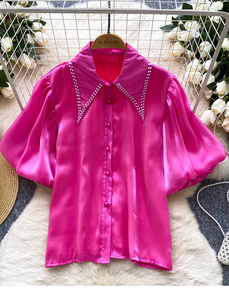 

Summer Women's Elegant Short Sleeved Shirt New French Style Light Luxury Sweet Nail Bead Fashionable Single Breasted Top W05