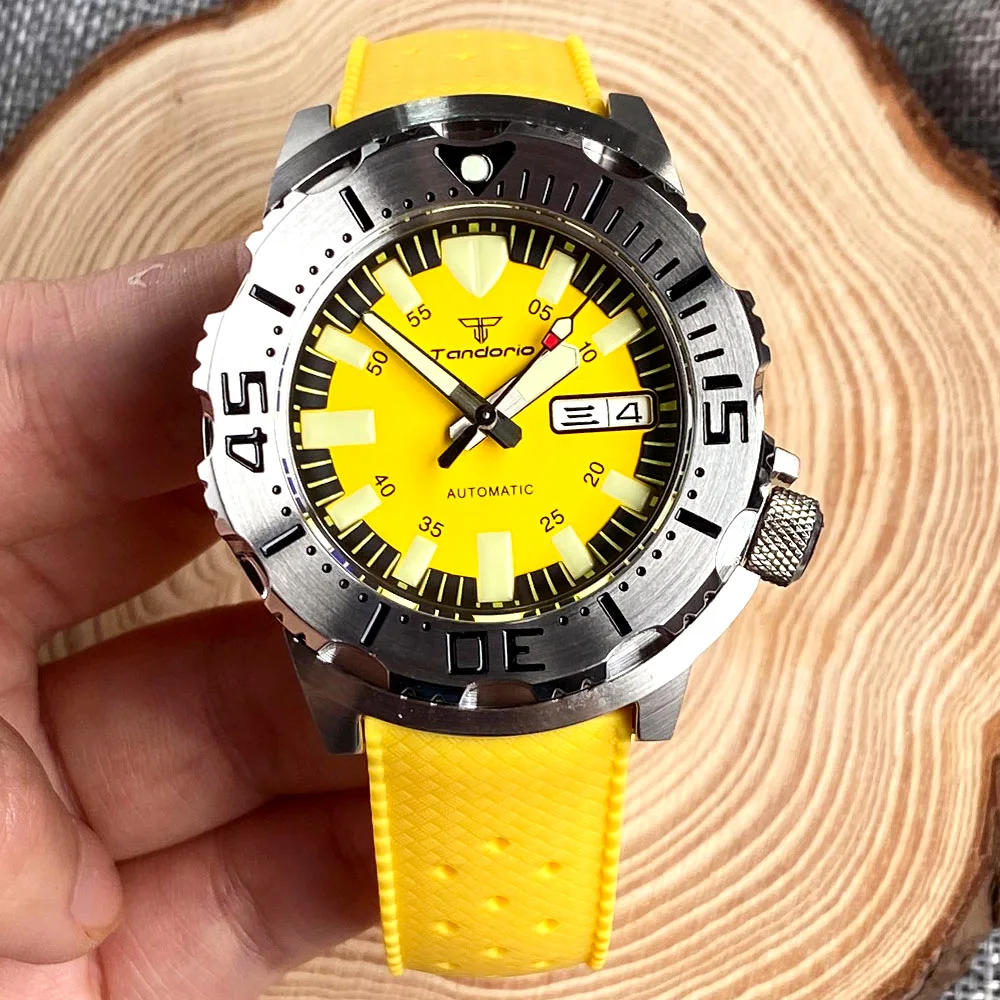 Tandorio Automatic Watch Men NH36 Movt knight Monster Steel Wristwatch Diver Yellow Red Dial Sapphrie Crystal 42mm Case