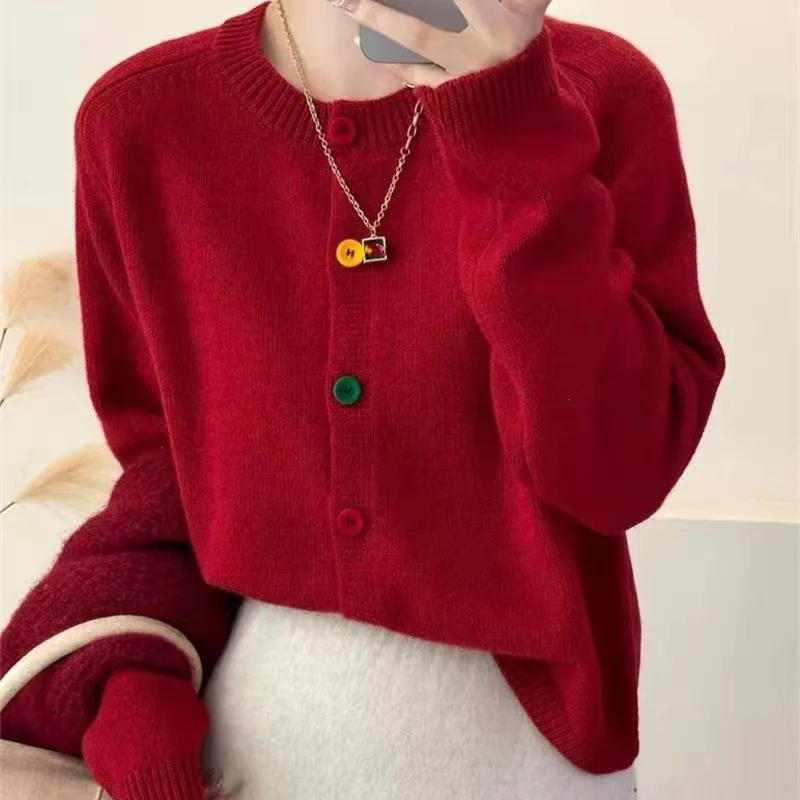 Suéter de cardigan vintage de manga comprida feminino, tops de streetwear coreano, botões coloridos, casaco casual, outono, inverno, L425, 2024