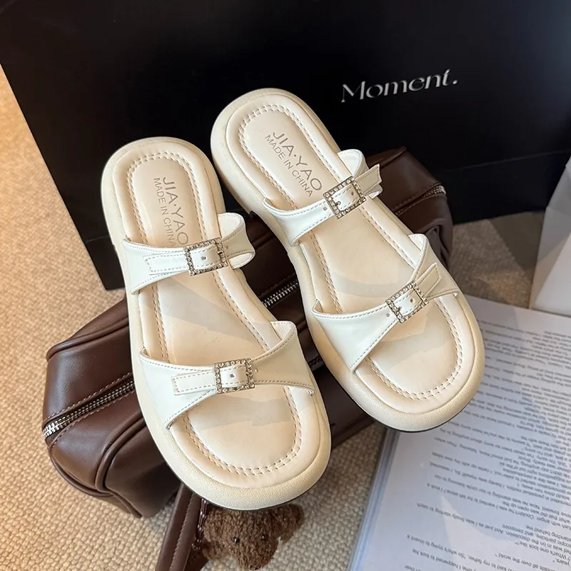 Summer Women Fashion Rhinestone Accent Platform Slide Sandals Double Strap Non-Slip Sole Outdoor Beach Daily Casual Shoes
