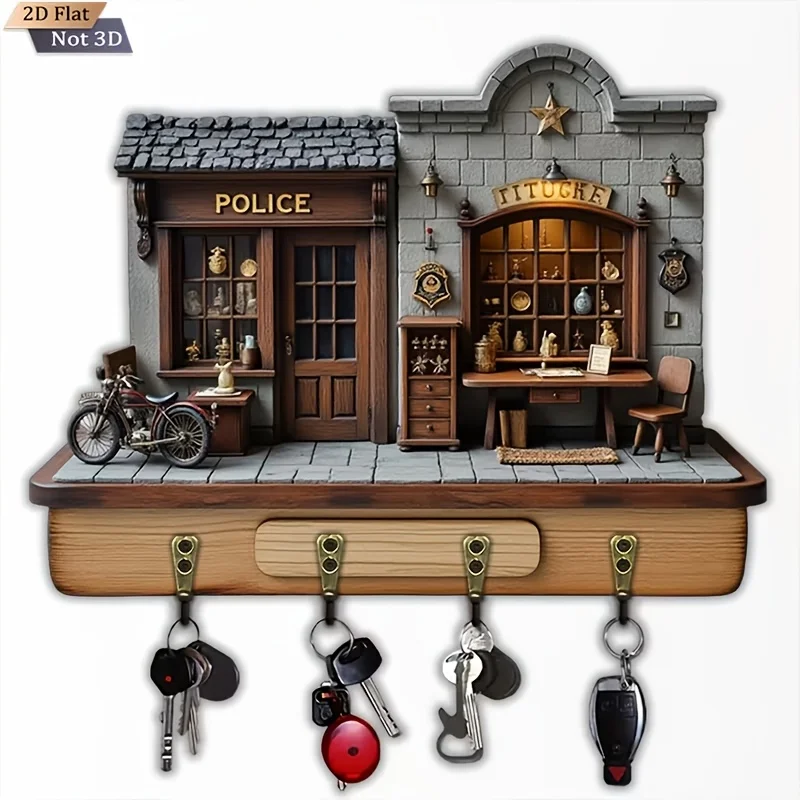 2D-Schlüsselhaken im Retro-Polizei-Stil, 1 Stück, multifunktionaler Hausschlüsselhalter aus Holz, mit vier Metallhaken, Wanddekoration,