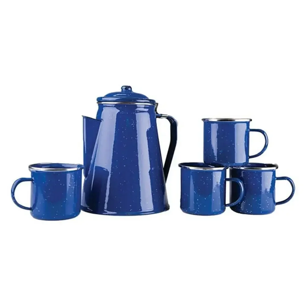 Enamel 8 Cup Coffee Percolator Set Stainless Steel Mugs Blue Kiln-Hardened