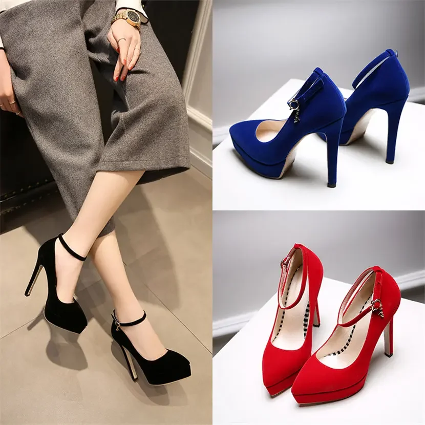 Big Size Women Platform Pumps 13cm High Spike Heels Black Red Flock Party Office Lady Sexy Ankle Strap Pointed Toe Thin Stiletto