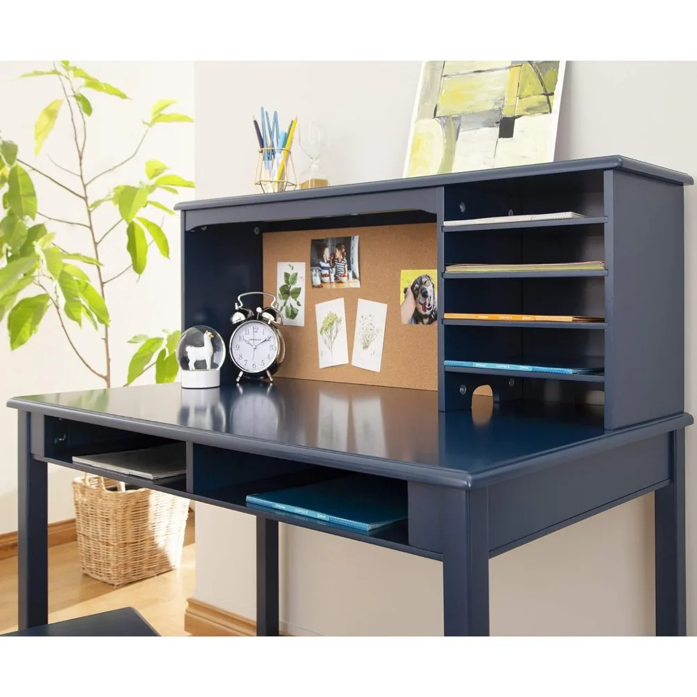 School Desks.Children’s Media Desk and Chair Set Navy: Student's Study, Computer and Writing Workstation with Hutch and Shelves