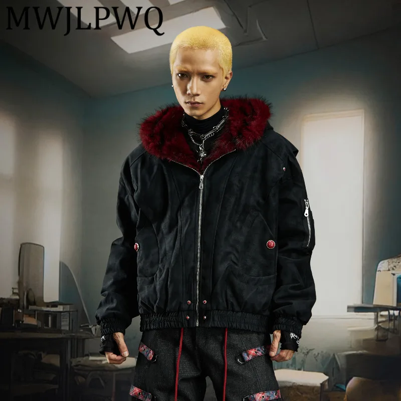 

MWJLPWQ Dark Washed Suede Short Loose Furry Patchwork Thickened Cotton Coat Male Long Sleeve Street Loose Hooded Padded 12623