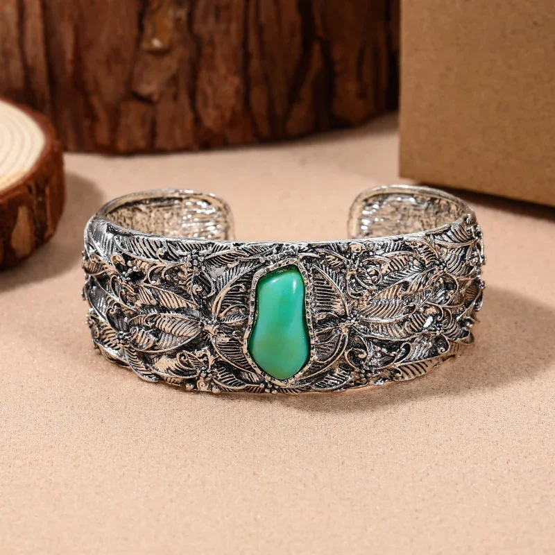 Vintage Carved Ethnic Cuff Leaf Bracelet Punk Bohemian Opening Bangles Leaves Bracelets Bangle for Women Wedding Jewelry