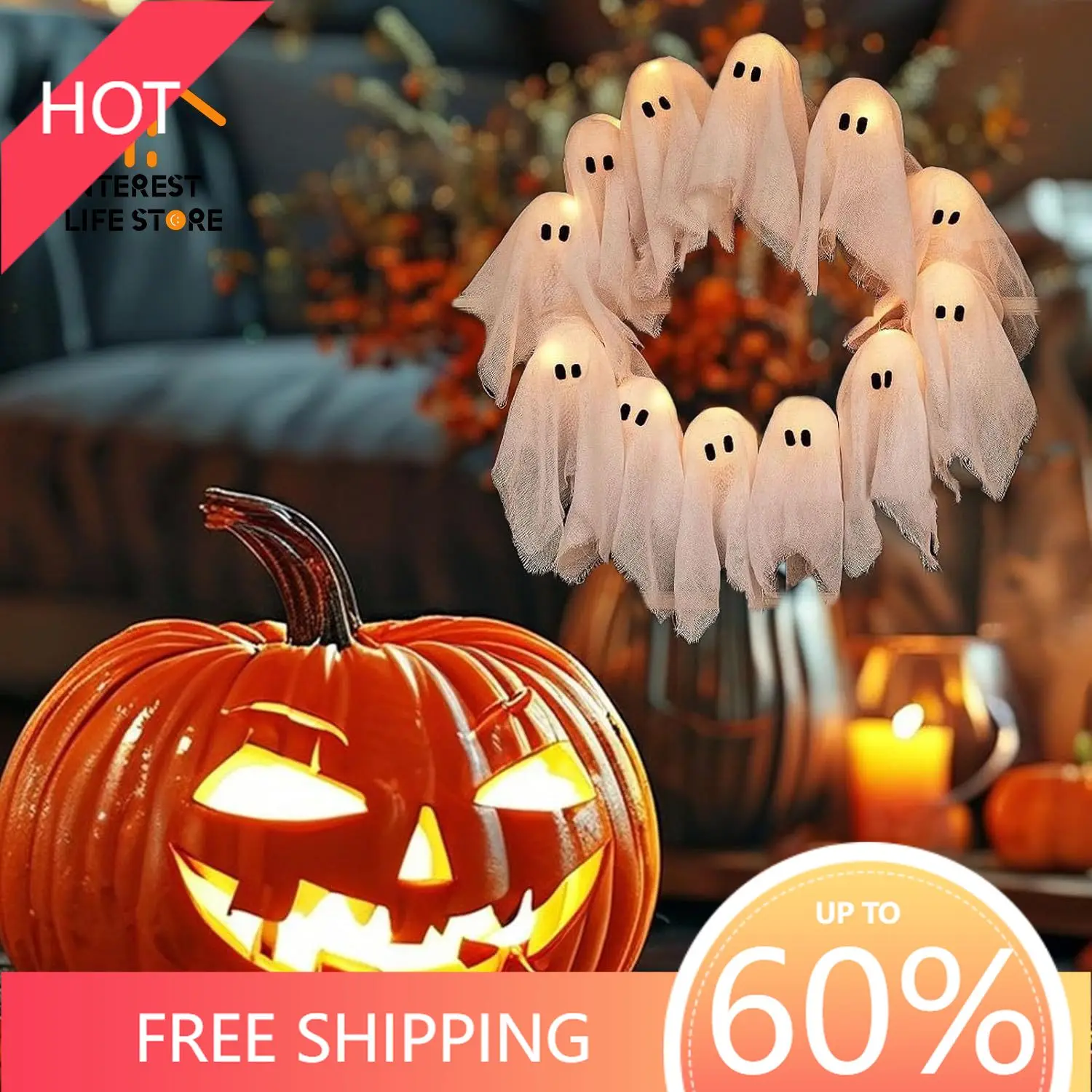 

New Hot Halloween DIY Ghost Wreath Decorations Halloween Cute LED Halloween Wreath for Front Door Wall Party Holiday Decoration