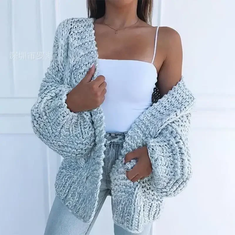 

Women Knit Cardigan Sweaters V Neck Full Sleeve Thick Coats Knitted Sweater Open Stitch Splice Jumpers Loose Winter Autumn