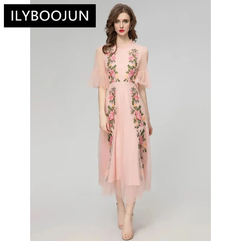 

ILYBOOJUN 2024 Summer Runway Dress party night Women's Round Neck Heavy Work Embroidery High waist Splice Lace Dress