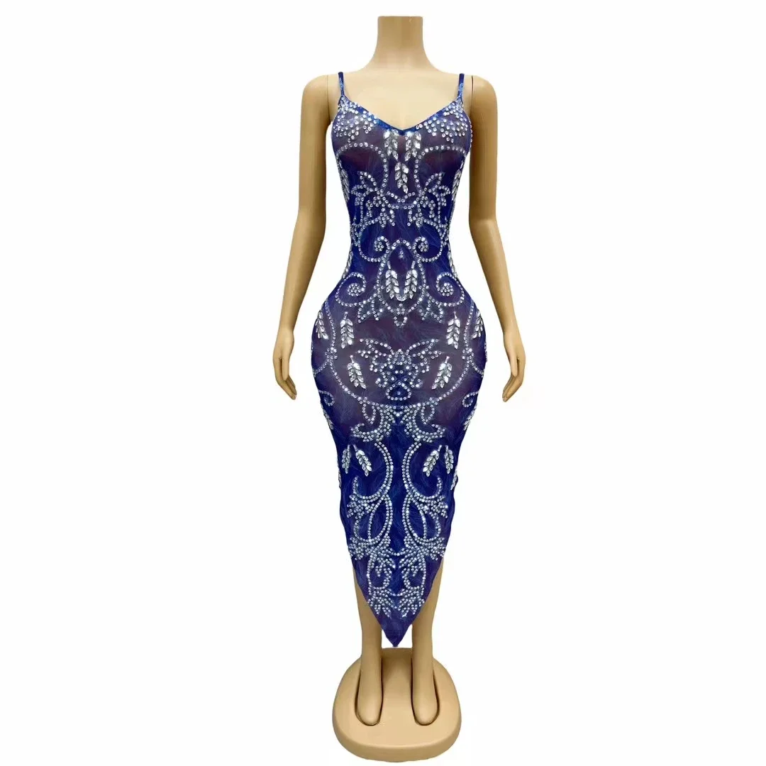 Luxury Birthday Rhinestones Blue Long Dress Fashion Singer Vest See Through Mesh Stretch Costumes Women Party Prom Club Gowns