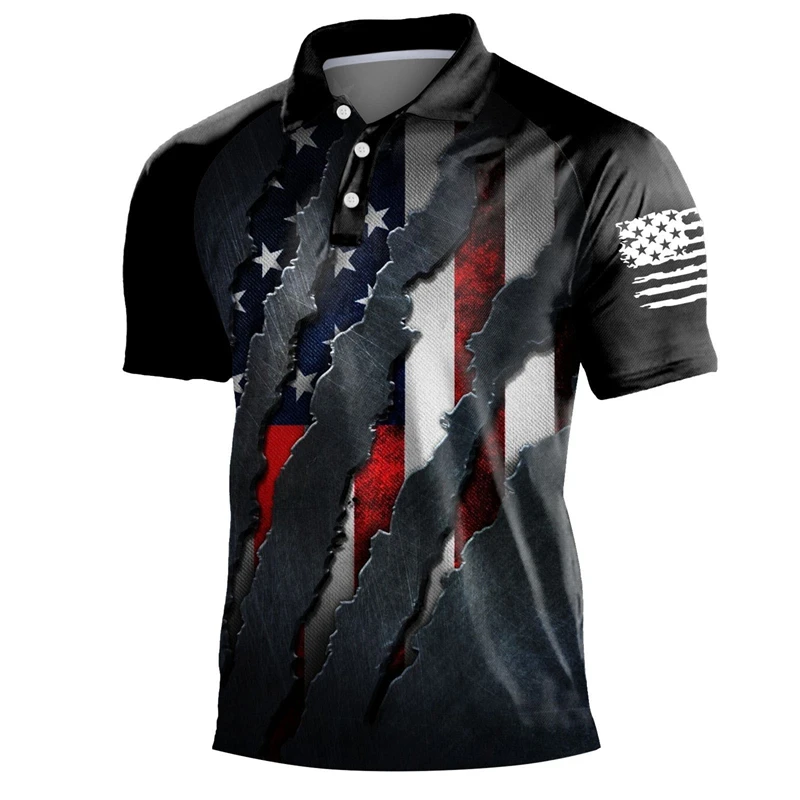 USA Flag 3D Printed Star Polo Shirt For Men Cool Pattern Design Lapel T-shirt Sports Fitness Breathable Short Sleeves Tee Shirts