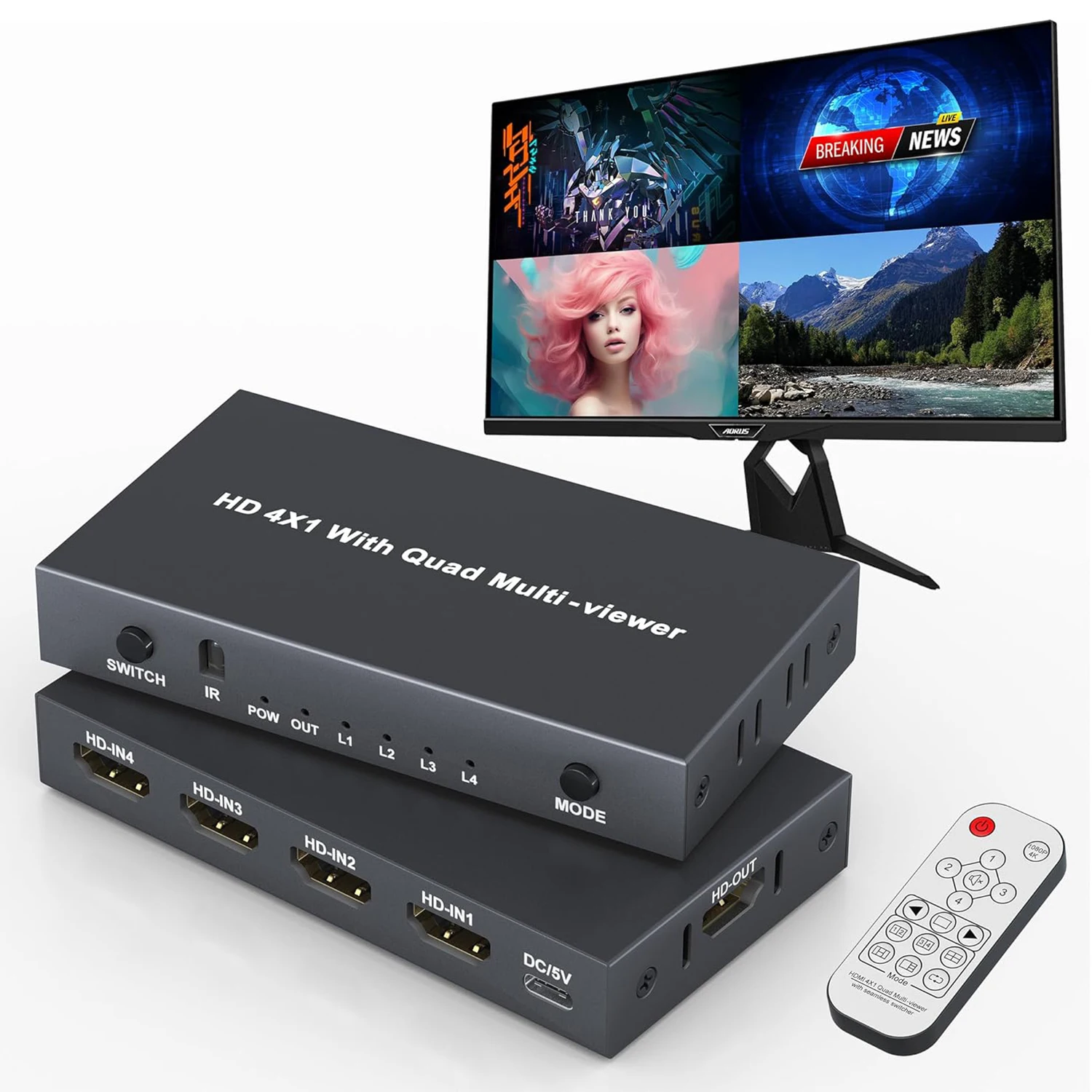 4K HDMI Quad Multiviewer 4-in-1-out 1080P HDMI-Switcher Bildschirm-Video-Multiviewer Nahtloser Wechsel mit Fernbedienung für PS5 Xbox PC TV