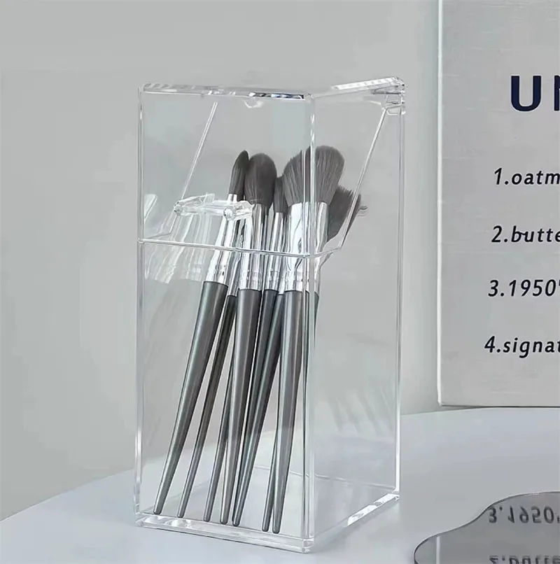 Soporte para brochas de maquillaje, organizador de herramientas para brochas cosméticas acrílicas transparentes cuadradas con tapa a prueba de polvo, caja de almacenamiento para lápices de cejas