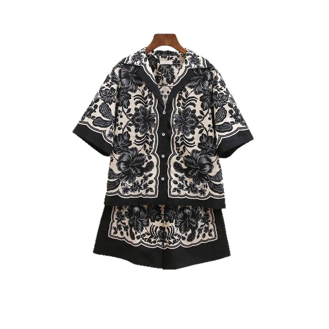 

Spring New Fashion Retro Simple Elegant Casual Printed Shirt + Loose Shorts + Pants Set for Women