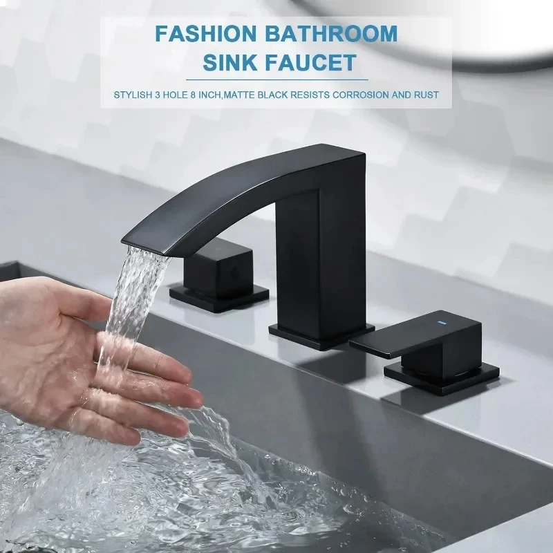 Bathroom Faucet,8Inch Waterfall Bathroom Sink Faucet 3Hole,Bathroom Faucet with Pop Up Drain and Hose