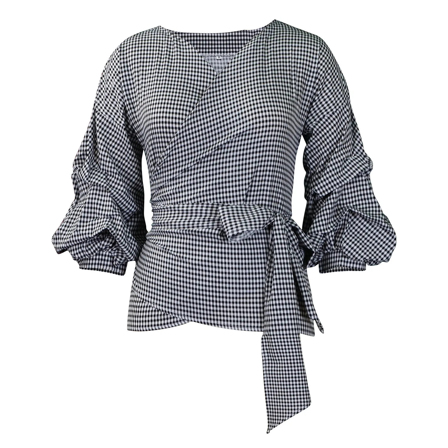 Kemeja Pullover Lengan Puff Panjang Ramping Kerah V Trendi Kasual Kotak-kotak Wanita Mode Eropa Amerika Baru Musim Panas 2025 Atasan Wanita