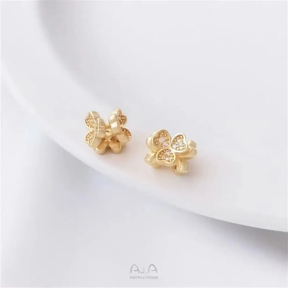 

14K package of real gold color-preserving micro-inlaid zircon three-leaf flower septicle DIY pearl bracelet necklace accessories