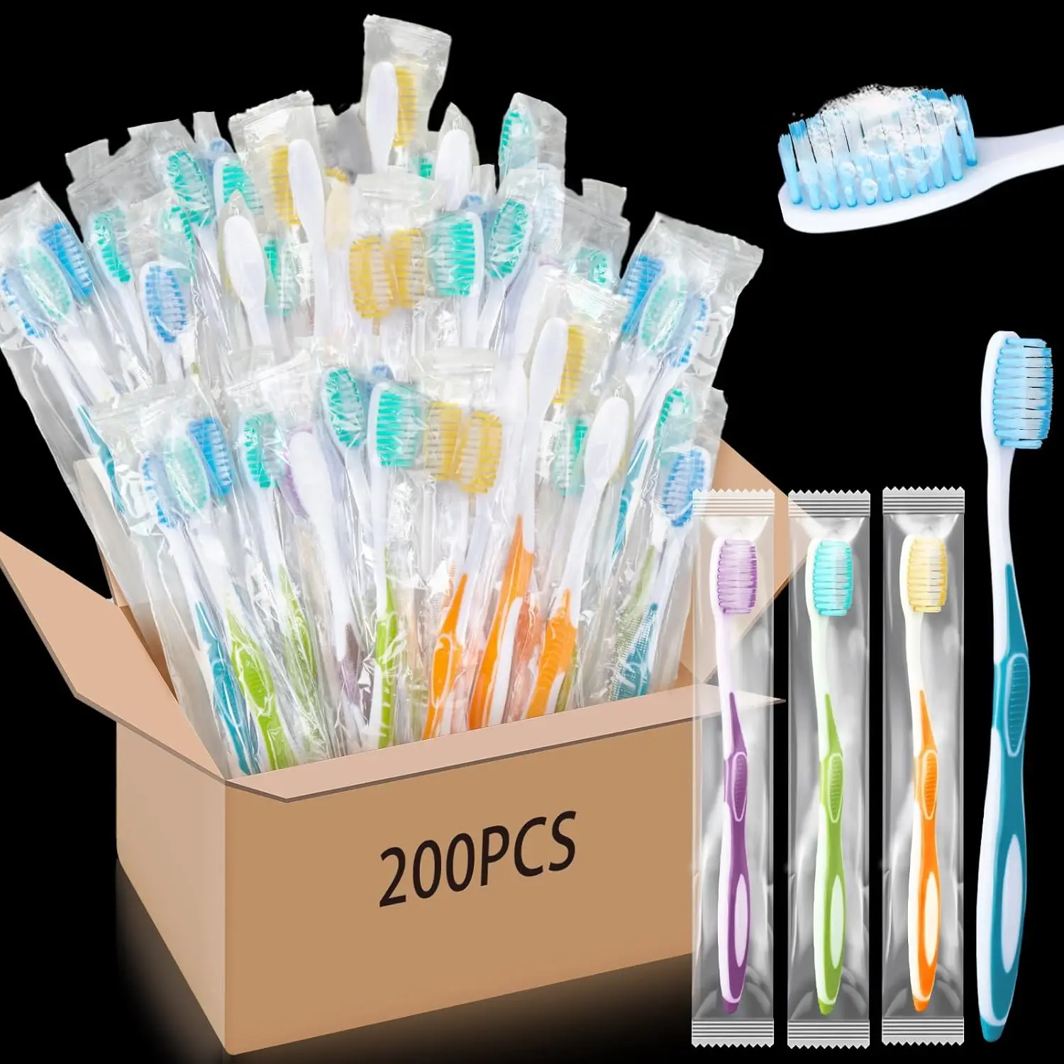 

200 Pack Colorful Prepasted Disposable Toothbrushes Bulk Individually Wrapped Toothbrushes with