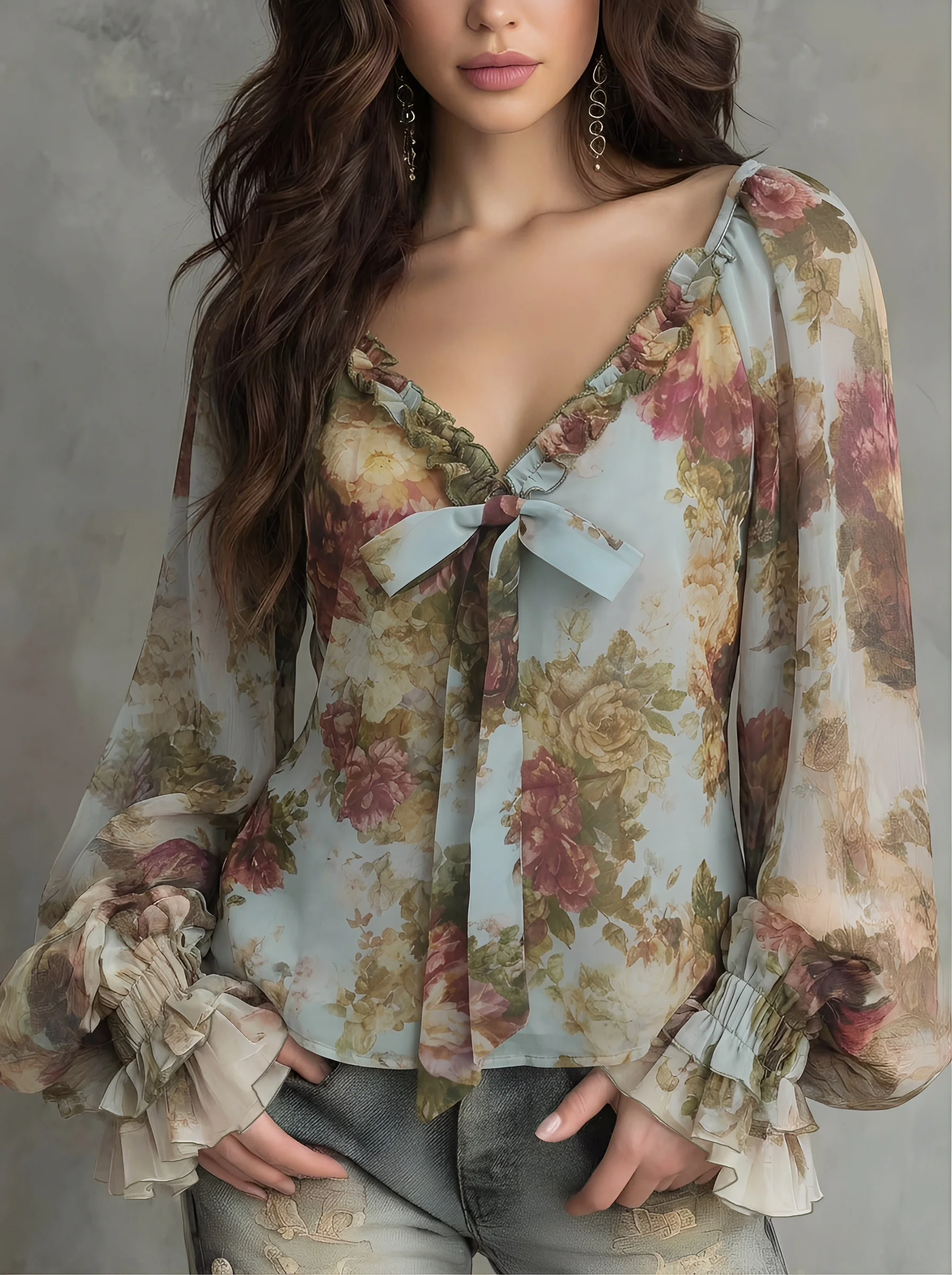 Damen Vintage Blumenmuster V-Ausschnitt Bluse mit Glockenärmeln Chiffon-Top Elegante Retro-Mode – Detail 3