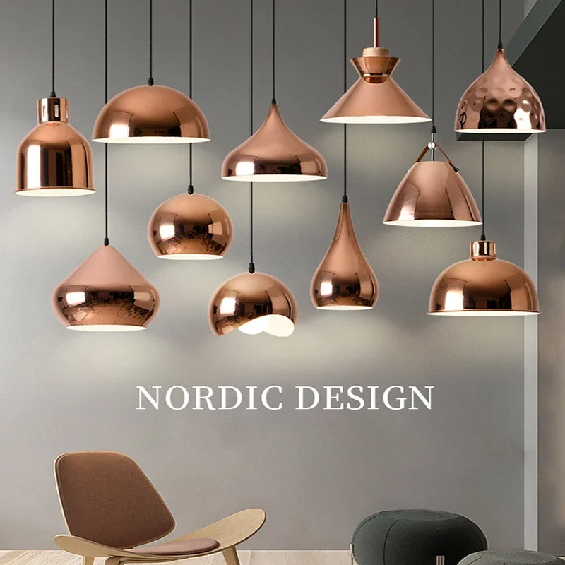 

Nordic Rose Gold Pendant Lights Plated Metal Hanging Lamp Fixtures for Dining Room Kitchen Island Bar Indoor Decor Lighting E27