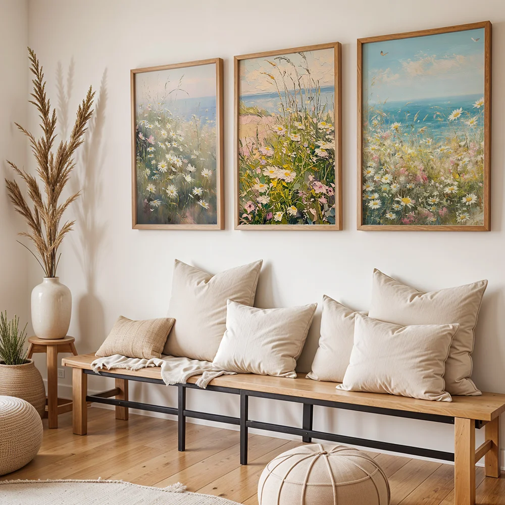 Daisy Sea Beach Landscape Canvas Wall Art Vintage Painting Print Neutral Coastal Scenery Decor Livingroom Background Poster 3Pcs