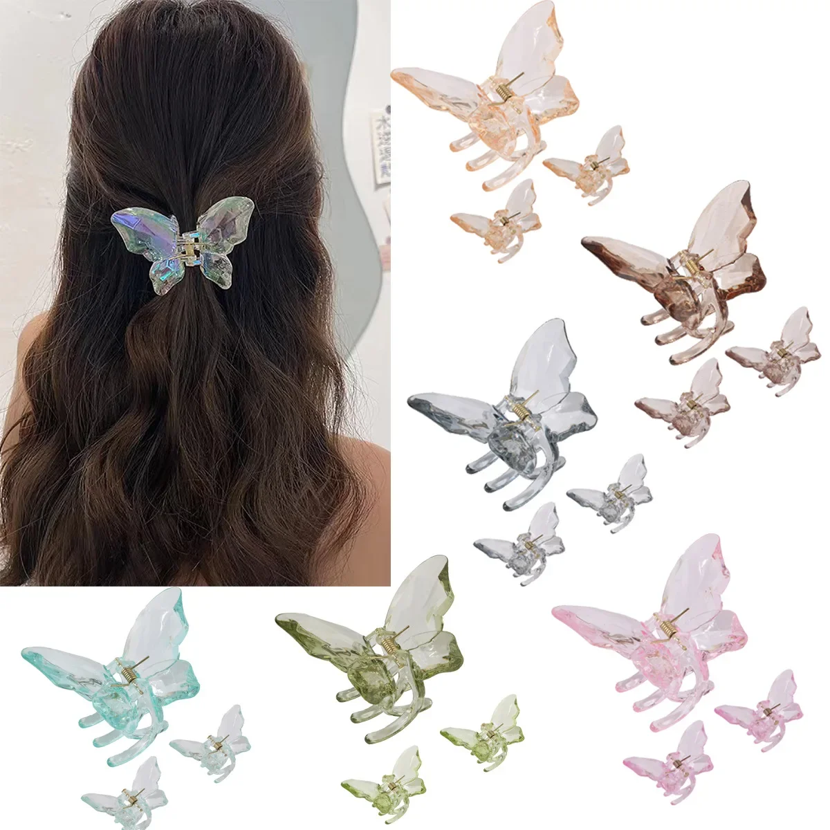 

3PCS Crystal Butterfly Mermaid Hair Claw Girls Back Head Clamp Clip Transparent Shark Clips Hairpins Headdress Hair Accessories