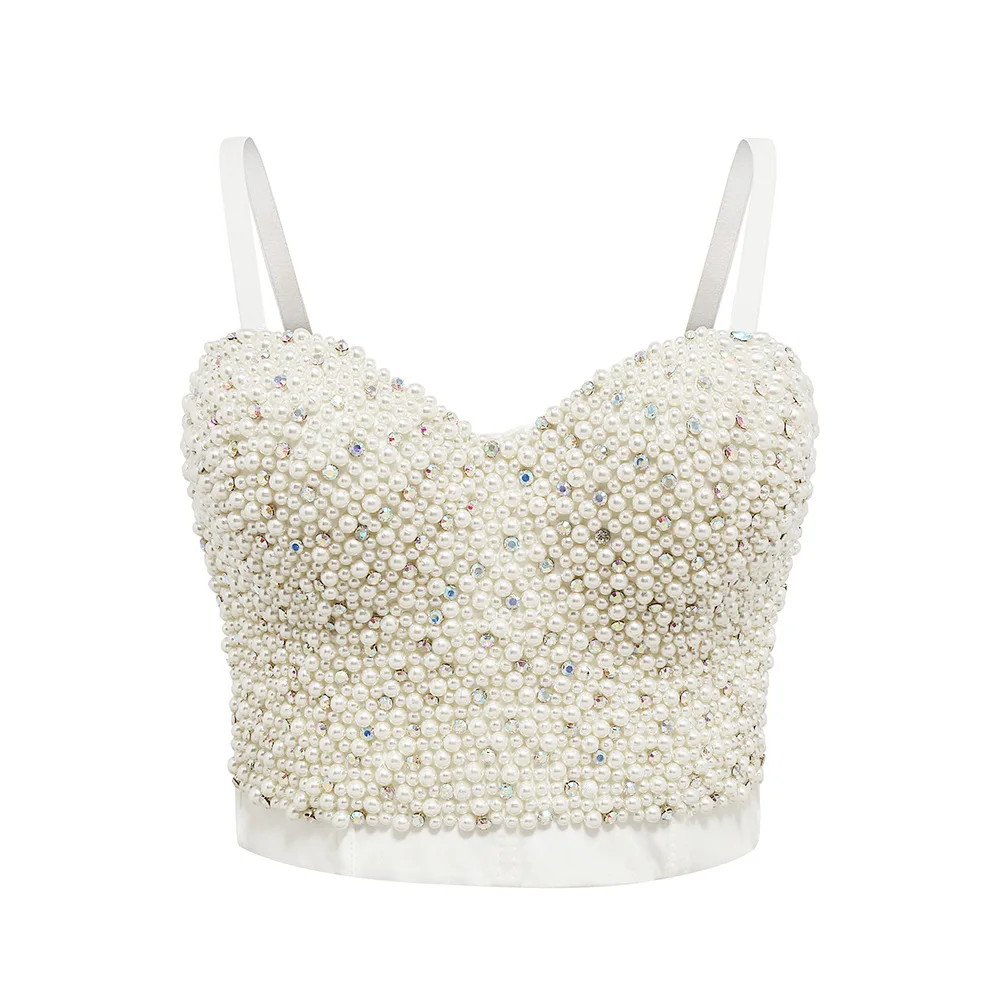 Atoshare Sexy biały perłowy gorset Rhinestone gorset Y2k krótki Top odzież festiwalowa kobiety Mesh Camisole Dropshipping