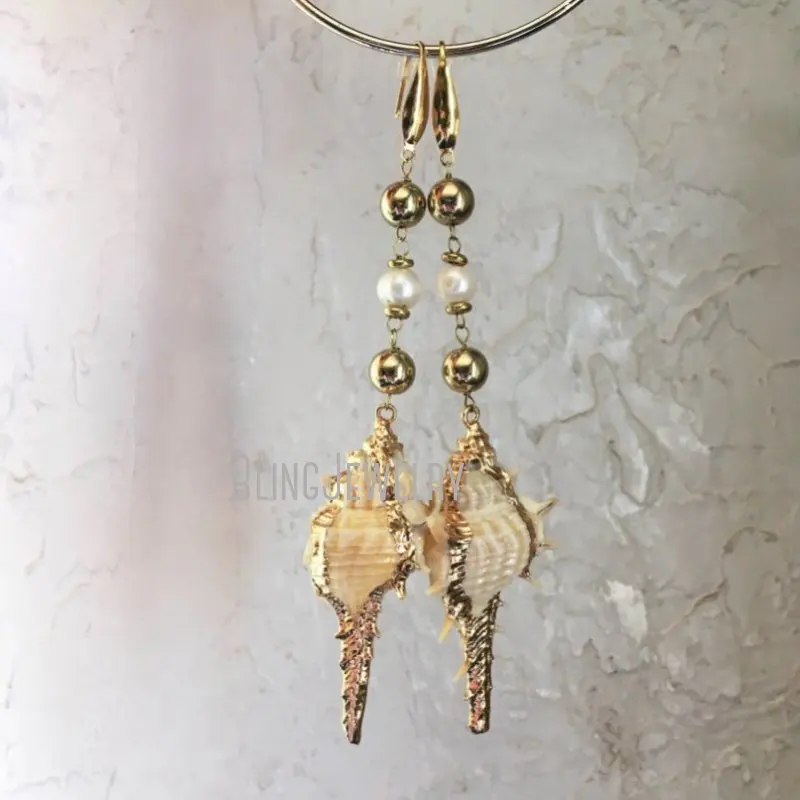 ER45533 Golden Murex Seashell And Genuine Pearls Stone Oversized Dangle Statement Mermaid Beach Boho Drop Earrings 