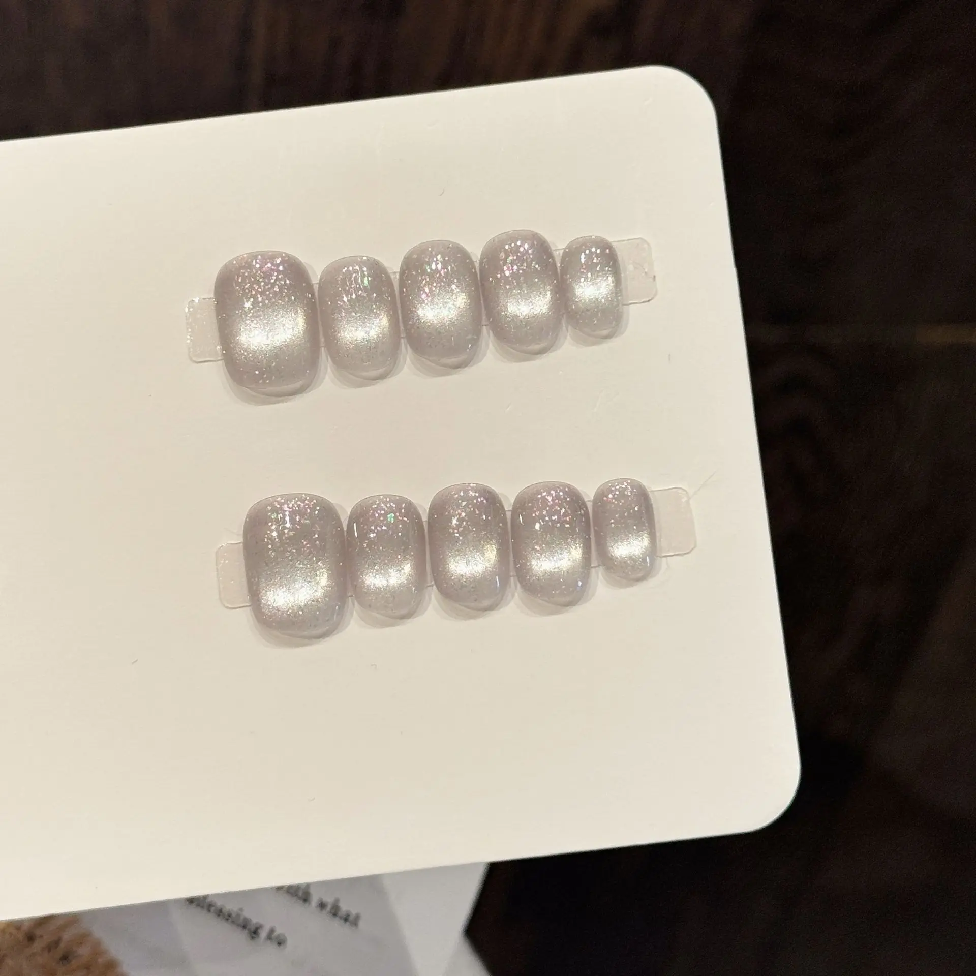 Elegante prata cinza glitter imprensa em unhas 10 pçs artesanal unhas falsas curto quadrado redondo design com textura transparente com