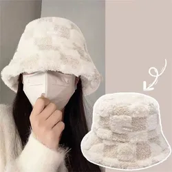 Unisex Checkered Plush Bucket Hat For Women Men Autumn Winter Lamb Wool Outdoor Thick Warm Sun Visor Panama Cap Fisherman Cap