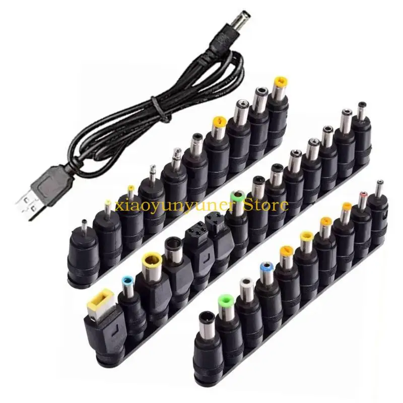 P9JB 1 Set with 34pcs Plugs USB to DC 5521 Power Adapter And Cable All Female Base 5.5x2.1mm for Laptops Charging BarrelJacks
