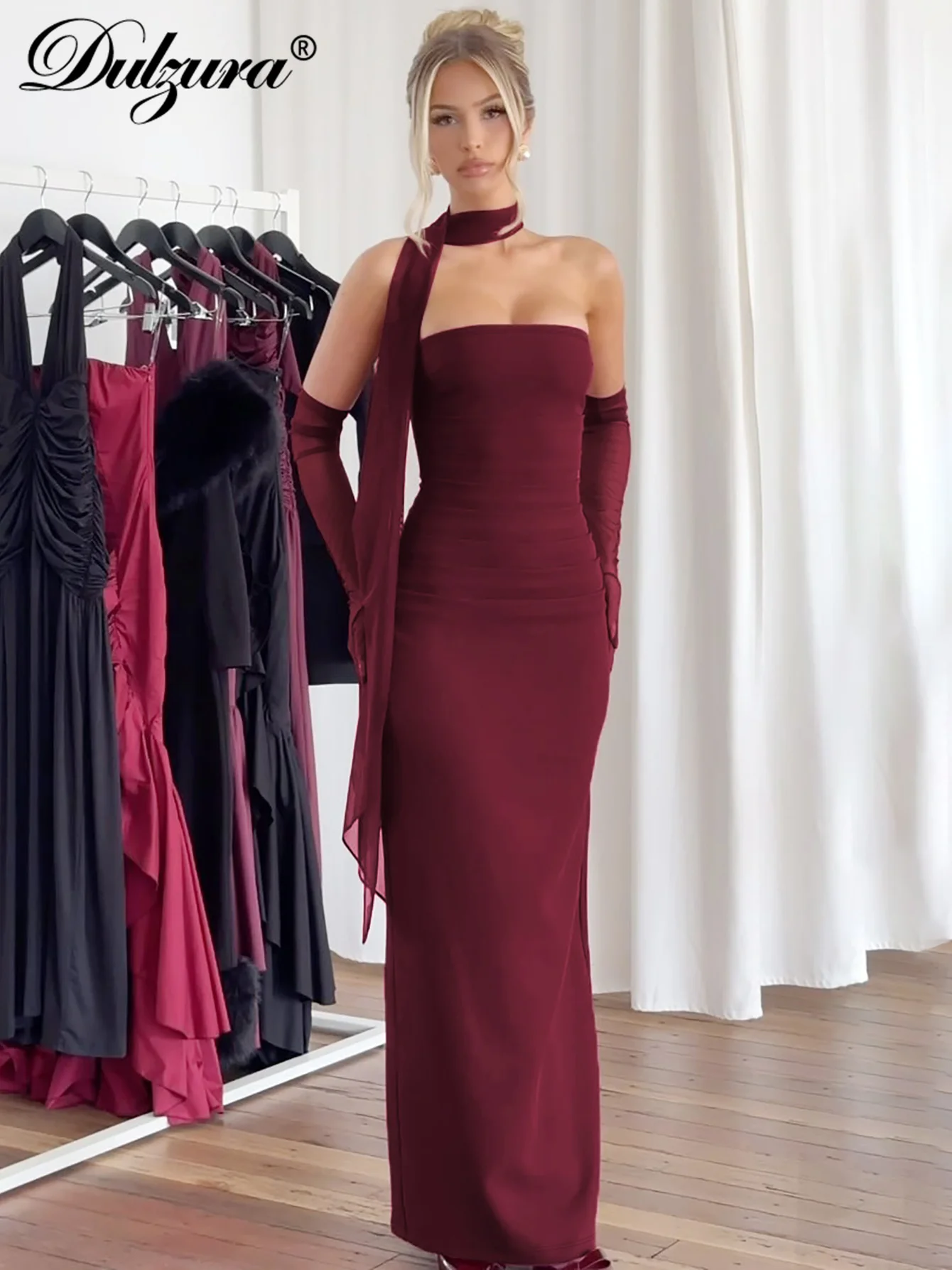 Dulzuraหน้าอกห่อBackless Bodycon RuchedกลับSlit Midiชุดตาข่ายถุงมือเซ็กซี่Elegant Tubeชุดยาวปาร์ตี้Clubwear