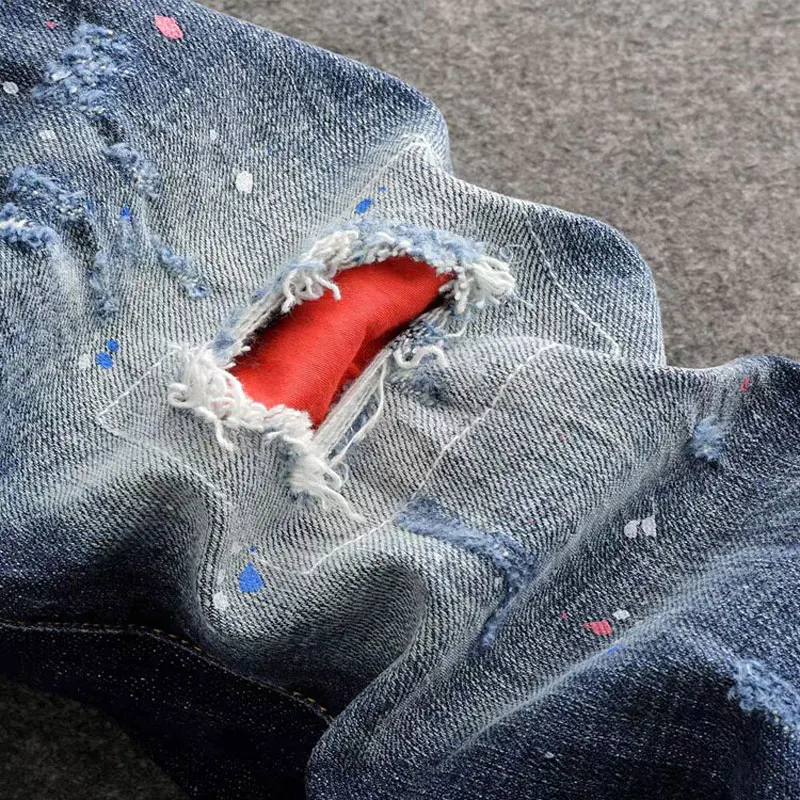 y2k fashion new men's jeans painted red patch elastic slim fit nostalgic blue jeans high street hip-hop brand pants hombre