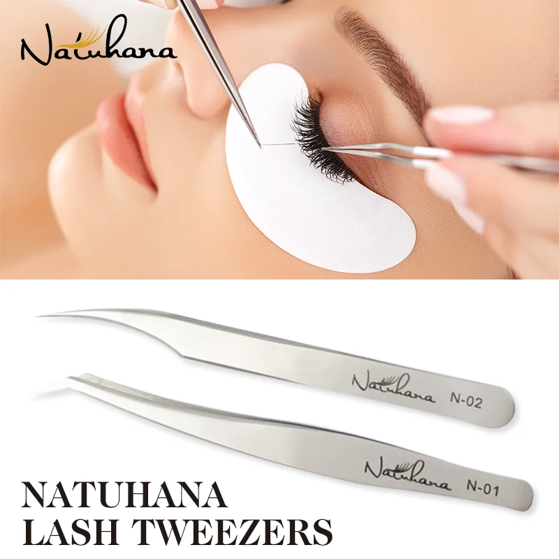 NATUHANA Stainless Steel Eyelashes Tweezers Professional For Lashes Extension Anti-static Eyelash Eyebrow Tweezer Makeup Tools