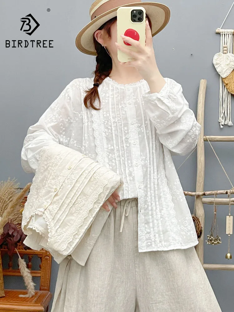 New 2026 Autumn Women Cotton Long Sleeve Shirt, Ruffled Folds Embroidery, Mori Girl Korean Temperament Loose Blouse T68721CC