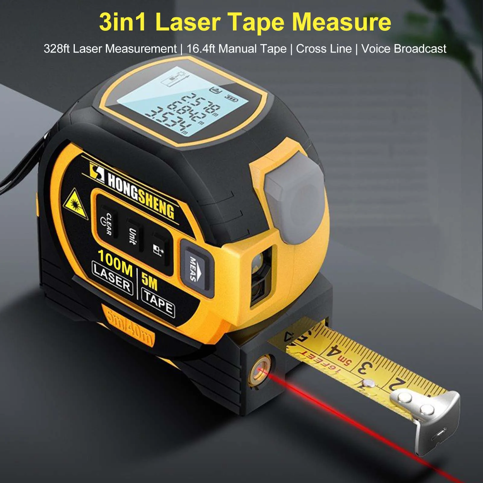 

3in1 Laser Tape Measure 328ft Laser Measurement &16.4ft Manual Tape Ruler for Woodworker Tool Building Measurement