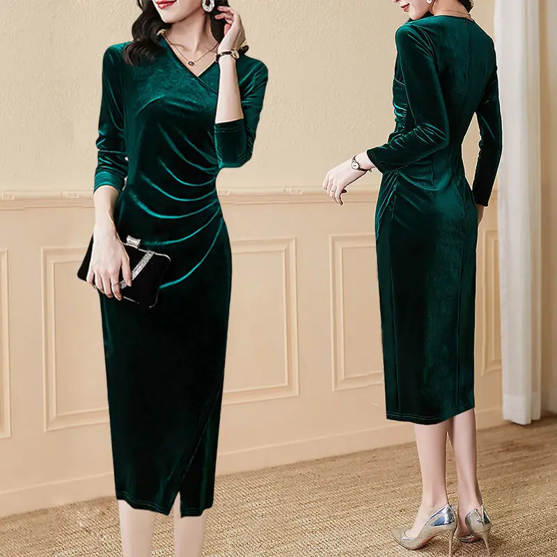 Autumn Winter Elegant Velvet Dress Women Elegant V-Neck Cross Pencil Dress All-Match Office Lady Solid Evening Party Vestidos