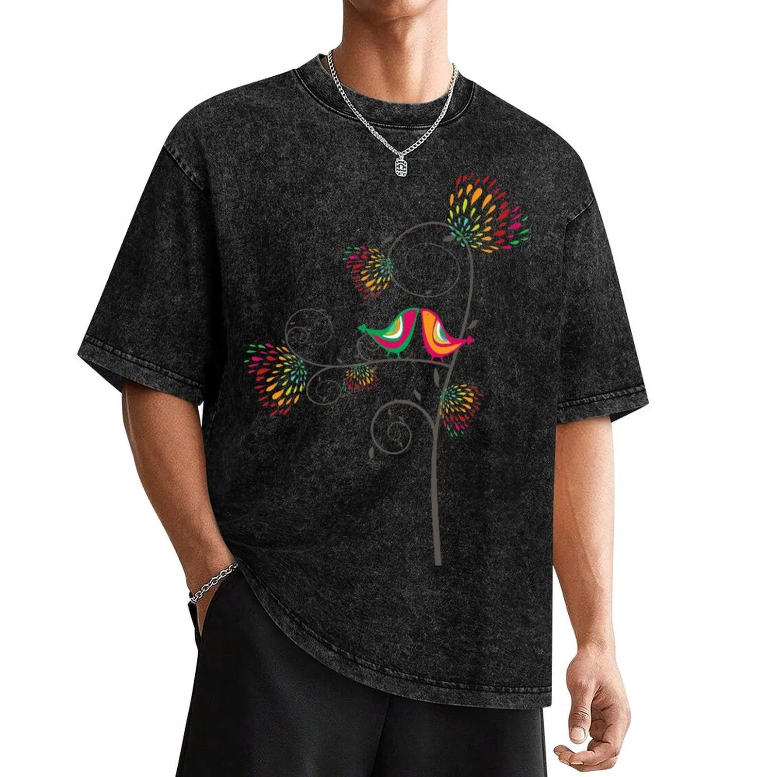 Whimsical Tropical Summer Kissing Birds with Colorful Rainbow Blooms ? fatfatin T-Shirt funny gifts Louboutins men clothing